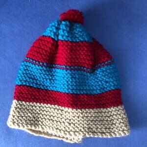 NWOT Vintage Hand-Knitted Made-in-Canada Blue & Cream Beanie with Pom Pom